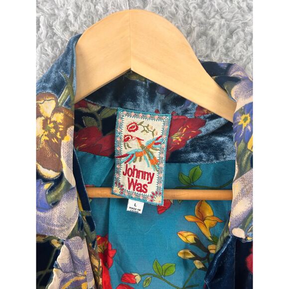 Johnny Was Velvet Blazer Jacket Navy Multicolor Button Front Boho Chic Large - Picture 9 of 11